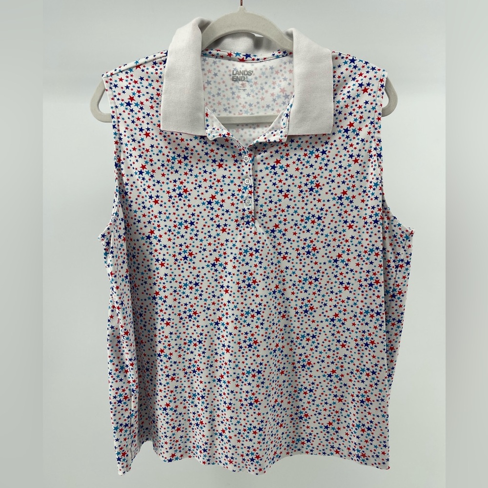 Lands' End Star Print Sleeveless Polo Tank Top, 100% Cotton, Women's 1X